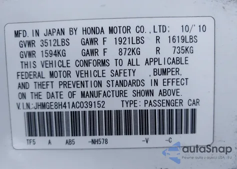 2010 Honda Fit Sport z USA, uszkodzony, nr VIN JHMGE8H41AC039152